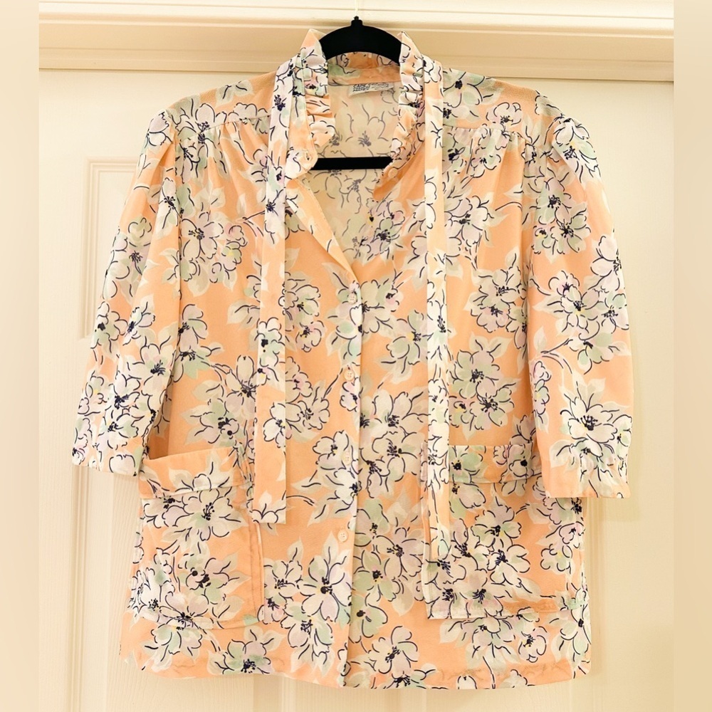 Cape Cod Match Mates Vintage Floral Ruffle Tie Collar Button Up Short Sleeve Top - Picture 5 of 8